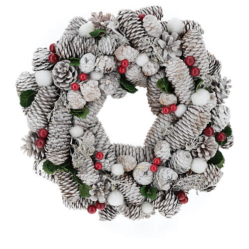 Corona di Natale bianca pigne e agrifoglio 33 cm 1