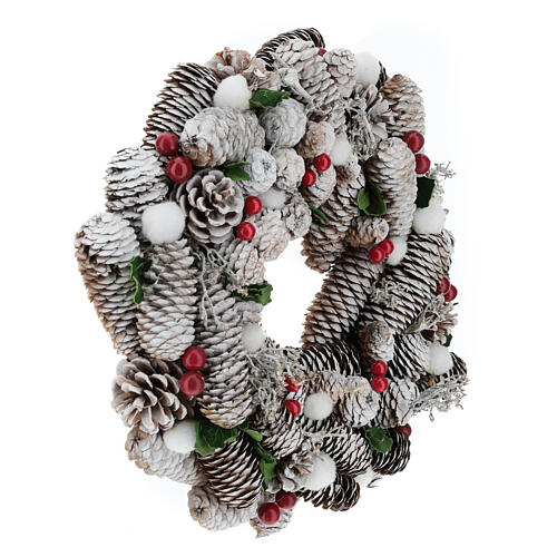 Corona di Natale bianca pigne e agrifoglio 33 cm 5