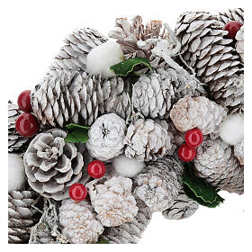 Korona bożonarodzeniowa biała szyszki i ostrokrzew 33 cm