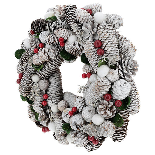 Coroa de Natal branca pinhas e azevinho 33 cm 3