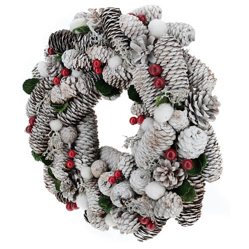 Coroa de Natal branca pinhas e azevinho 33 cm 4