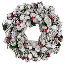 Christmas wreath white pine cones with holly 33 cm