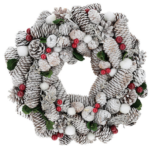 Christmas wreath white pine cones with holly 33 cm 1