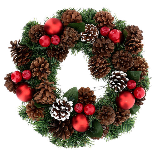 Christmas wreath decorated red pine cones and leaflets 32 cm 1