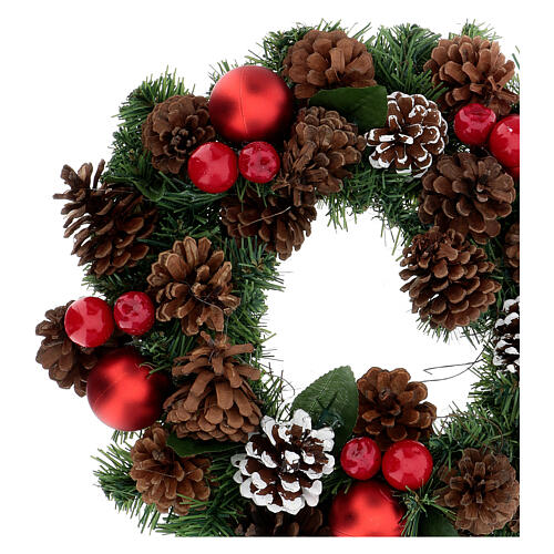 Christmas wreath decorated red pine cones and leaflets 32 cm 2