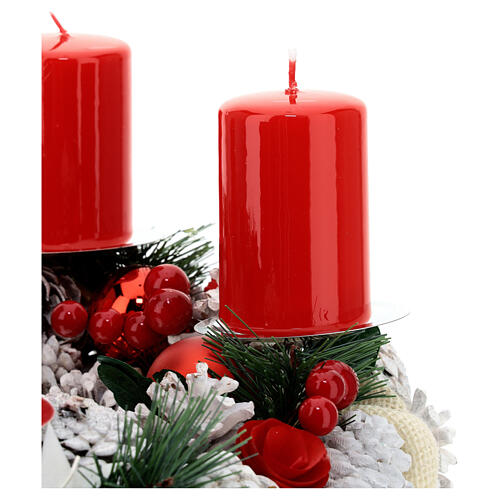 Adventskranz-Komplettset: Kranz, beschneit mit roten Beeren + weisse Adventskranzkerzenstecker + rote Kerzen 5