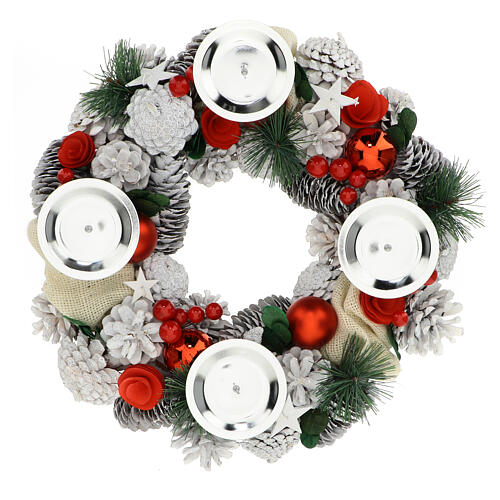 Advent wreath complete kit with fake snow, red berries, white candle holders and red candles 2