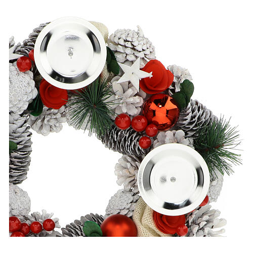 Advent wreath complete kit with fake snow, red berries, white candle holders and red candles 4