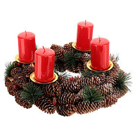 Adventskranz-Komplettset: Kranz aus Zapfen + goldene Adventskranzkerzenstecker + 4 rote Kerzen