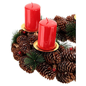 Adventskranz-Komplettset: Kranz aus Zapfen + goldene Adventskranzkerzenstecker + 4 rote Kerzen