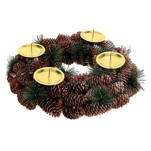 Adventskranz-Komplettset: Kranz aus Zapfen + goldene Adventskranzkerzenstecker + 4 rote Kerzen 3