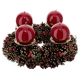 Kit pour l'Avent couronne pommes de pin rogues piques or satiné bougies rouge foncé décorées
