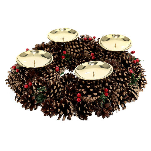 Kit pour l'Avent couronne pommes de pin rogues piques or satiné bougies rouge foncé décorées 6
