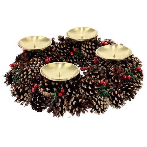 Kit pour l'Avent couronne pommes de pin rogues piques or satiné bougies rouge foncé décorées 8