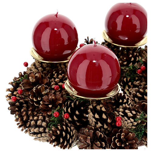 Kit for Advent wreath red pine cones gold satin spikes dark red lined candles 2