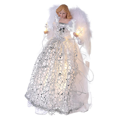 Angel Christmas Tree topper silver embroidered with LED lights 12 in 3