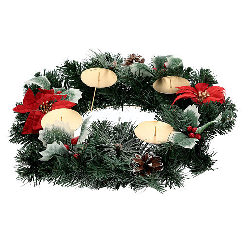 Coroa do Advento flores de natal, bagas e pinhas com suportes para velas, diâmetro 40 cm 3
