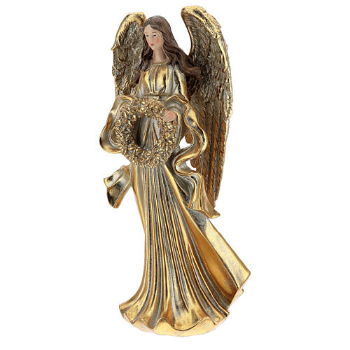 Anjo dourado com coroa de Natal resina 35 cm 3