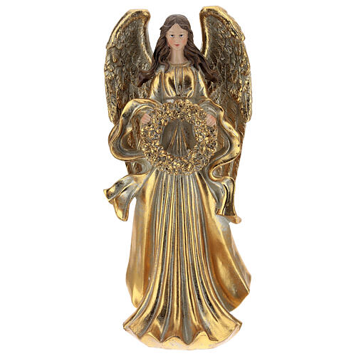 Golden Christmas angel statue 35 cm with wreath 1