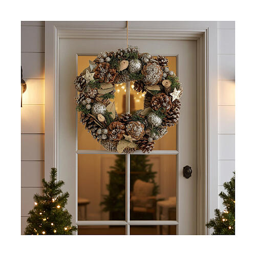 Grinalda de Natal - Coroa do Advento pinhas e folhas glitter ouro 30 cm 2