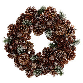 Couronne Avent feuilles vertes pommes de pin paillettes 30 cm
