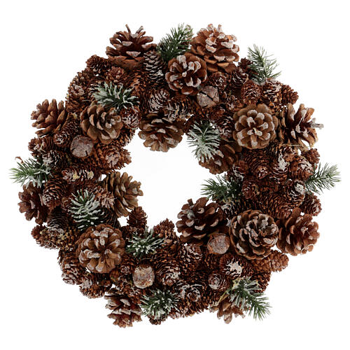 Couronne Avent feuilles vertes pommes de pin paillettes 30 cm 1