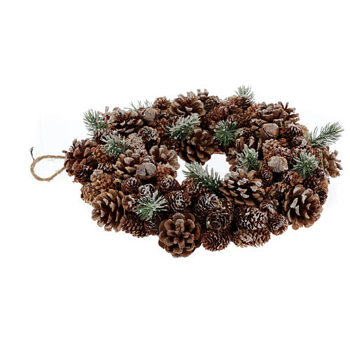 Couronne Avent feuilles vertes pommes de pin paillettes 30 cm 4