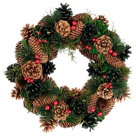 Corona avvento Natale bacche pigne verdi 32 cm