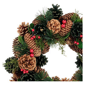 Coroa Advento Natal bagas pinhas verdes 32 cm