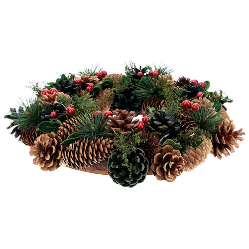 Coroa Advento Natal bagas pinhas verdes 32 cm 3