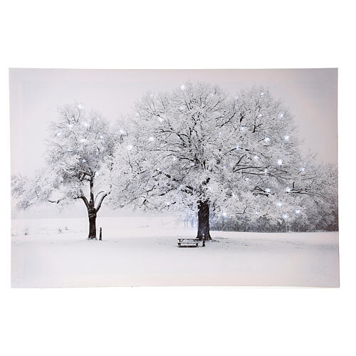Fiber optic lighted Christmas canvas, snowy landscape with trees, 40x60 cm 1