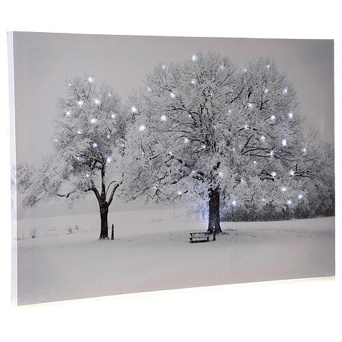 Fiber optic lighted Christmas canvas, snowy landscape with trees, 40x60 cm 2