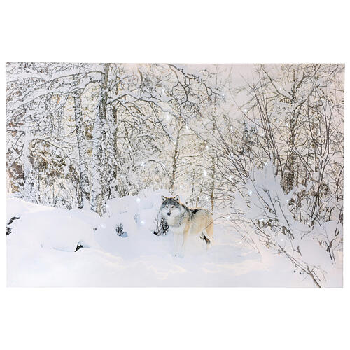 Fiber optic lighted Christmas canvas, snowy landscape with wolf, 40x60 cm 1