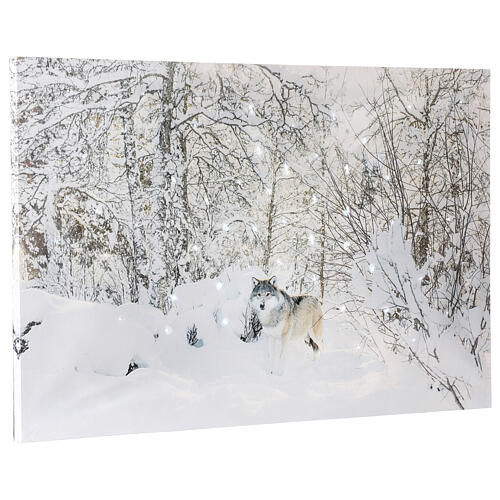Fiber optic lighted Christmas canvas, snowy landscape with wolf, 40x60 cm 2