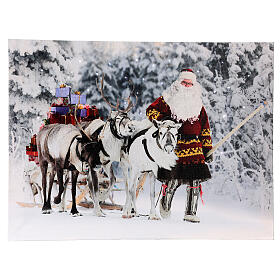 Fiber optic lighted Christmas canvas, Santa Claus with reindeers, 30x40 cm