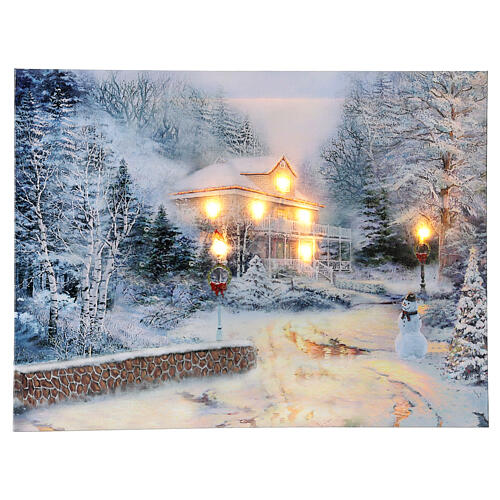 LED lighted Christmas canvas, snowy landscape with house, 30x40 cm 1