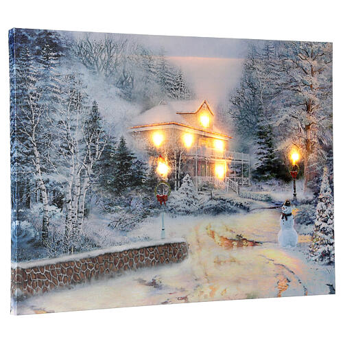 LED lighted Christmas canvas, snowy landscape with house, 30x40 cm 2