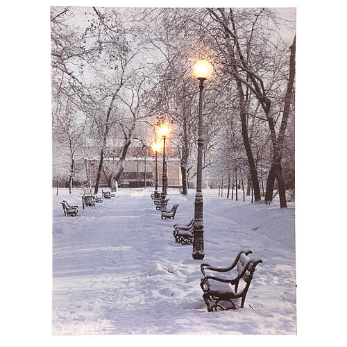 LED lighted Christmas canvas, snowy landscape with benches, 40x30 cm 1