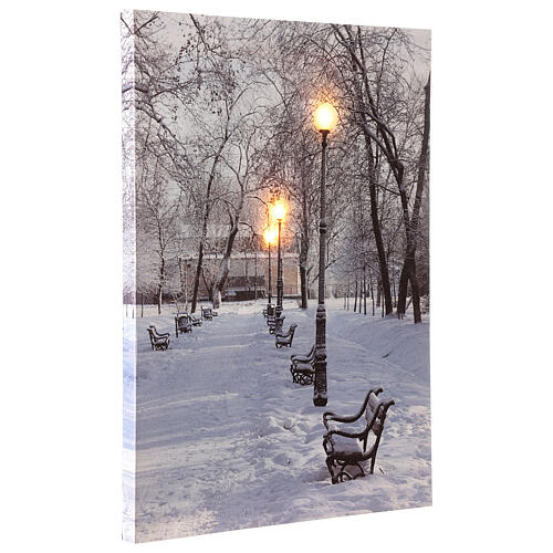 LED lighted Christmas canvas, snowy landscape with benches, 40x30 cm 2