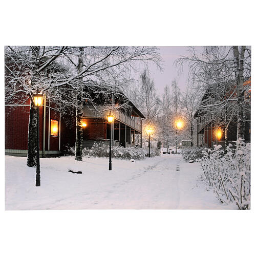 Quadro luminoso natalizio LED paesaggio innevato case 40x60 cm 1