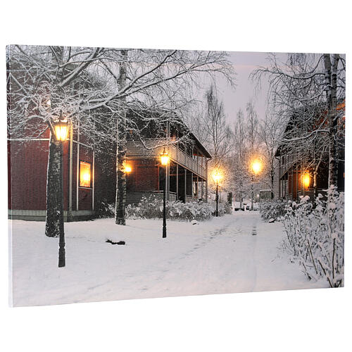 Krajobraz zimowy z domami, obraz bożonarodzeniowy podświetlany led 40x60 cm 2