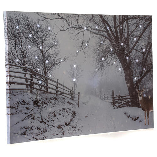 Tela luminosa de Natal com fibra óptica paisagem nevado a preto e branco com rena corada 40x60 cm 2
