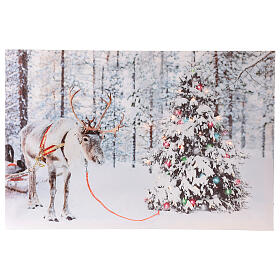 Renifer przy choince i śnieg, bożonarodzeniowy obraz podświetlany światłowodowy 40x60 cm