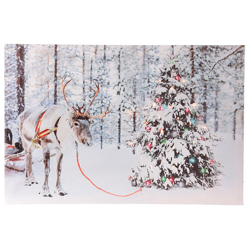 Renifer przy choince i śnieg, bożonarodzeniowy obraz podświetlany światłowodowy 40x60 cm 1