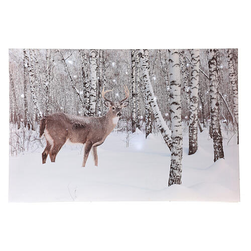 Leuchtendes weihnachtliches Bild mit verschneiter Landschaft und Hirsch schwarz/ weiß, 40x60 cm 1