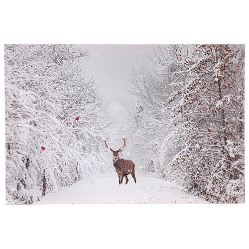 Leuchtendes weihnachtliches Bild mit verschneiter Landschaft und Hirsch, 40x60 cm 1