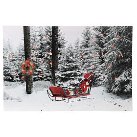 Leuchtendes weihnachtliches Bild mit verschneiter Landschaft und rotem Schlitten, 40x60 cm