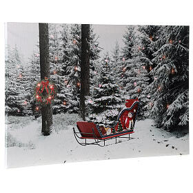 Leuchtendes weihnachtliches Bild mit verschneiter Landschaft und rotem Schlitten, 40x60 cm