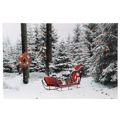 Leuchtendes weihnachtliches Bild mit verschneiter Landschaft und rotem Schlitten, 40x60 cm 1