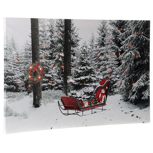 Leuchtendes weihnachtliches Bild mit verschneiter Landschaft und rotem Schlitten, 40x60 cm 2
